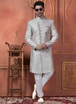 Silk Grey Wedding Wear Computer Thread Readymade Sherwani Set